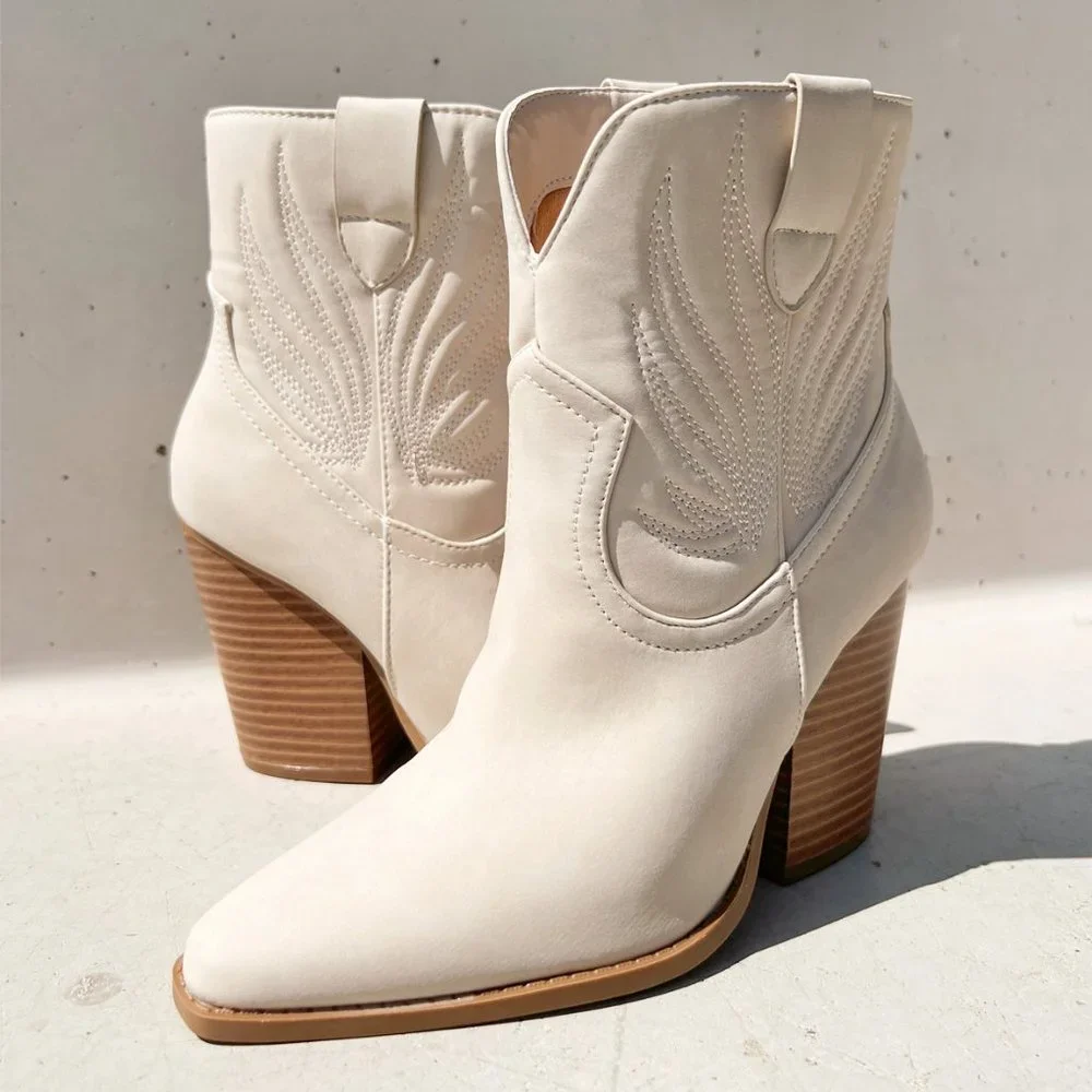 NEW Beige Distress Nubuck PU Western Cowboy Block Heel Ankle Booties Boots Shoe - Picture 2 of 13